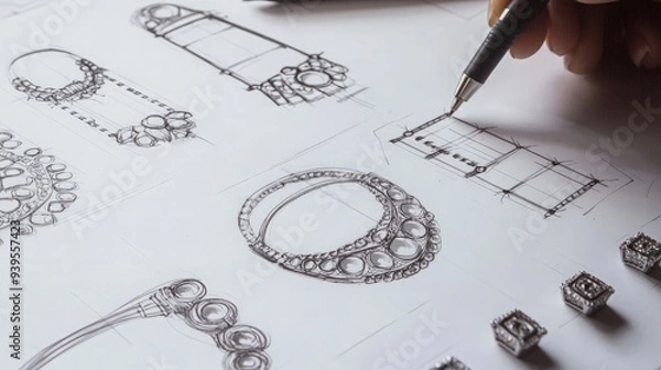 Fototapeta Jewelry Design Sketches on Paper