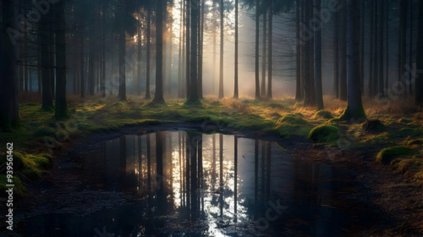 Fototapeta Serene Forest Clearing at Dawn with Reflection Pond and Towering Trees Embracing First Light of Day