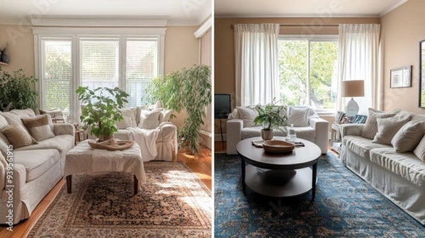 Fototapeta A living room goes through a stylish transformation, featuring light-colored furniture, a lush plant, and a warm ambiance enhanced by natural daylight streaming through large windows