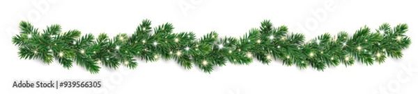 Fototapeta Christmas tree garlands on transparent background. Realistic pine-tree branches with glowing sparkling Christmas lights decoration. Vector border for holiday banners, party posters, cards, headers.