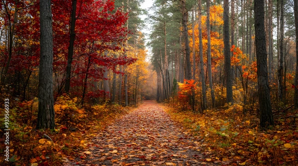 Fototapeta Serene Autumn Walk - Tranquil Pathway in Colorful Forest with Vibrant Fall Foliage