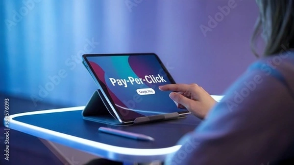 Fototapeta Illustration of a PPC (Pay-Per-Click) ad showing an online advertisement using a pay-per-click model on a tablet screen on a young woman's desk.