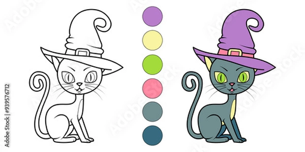 Obraz cat in a hat, coloring for kids
