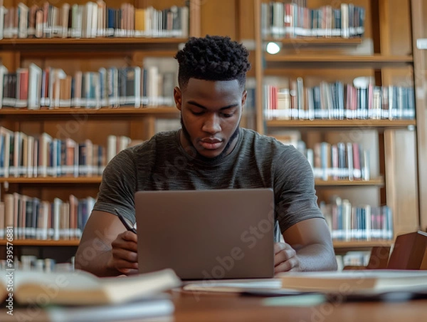 Fototapeta Determined College Student Studying in Library with Textbooks and Laptop - Academic Dedication Concept