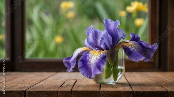 Fototapeta stock photography iris flower in a beautiful vase with a background of wooden table