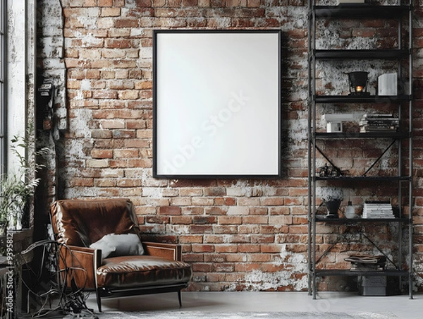 Fototapeta Modern Industrial Home Decor with Square Black Metal Picture Frame on Brick Red Wall