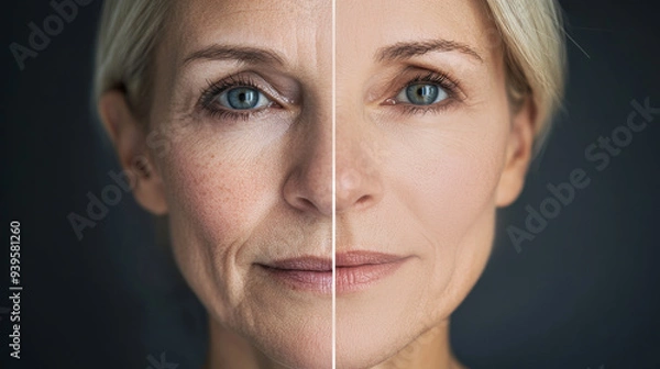 Fototapeta This captivating visual presents a woman's face divided in half, revealing the contrast between aging signs and skin rejuvenation, middle-aged girl before and after facelift and facial surgery, botox 