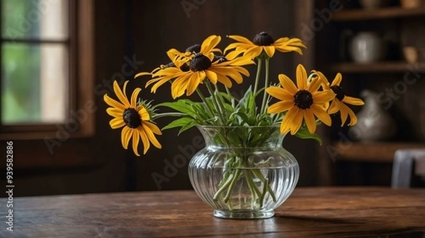 Fototapeta stock photography rudbeckia blackeyed susan flower in a beautiful vase with a background of wooden table