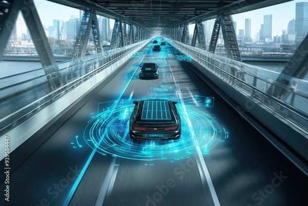 Fototapeta Smart Bridge with integrated sensors and solar panels.