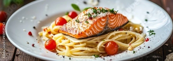 Fototapeta Plate of pasta with piece of salmon background horizontal composition