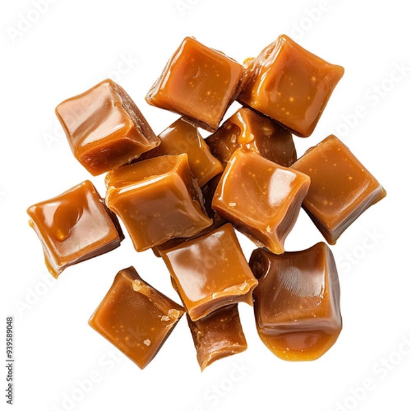 Fototapeta A pile of caramel candy cubes with a rich, sweet texture, perfect for dessert and confectionery lovers