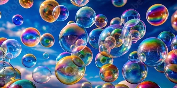 Obraz Rainbow Bubbles in Blue Sky, Digital Art, Bubble, Sky, Rainbow