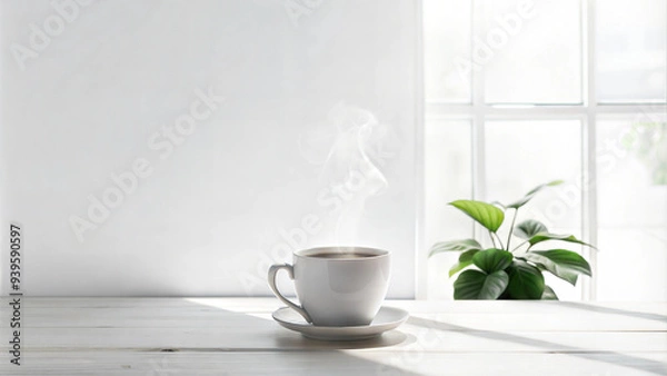 Fototapeta Hot coffee in a white cup on a white table with aromatic steam, green plant on windowsill in the background