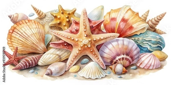 Fototapeta Seashells and Starfish Watercolor Composition, Seashells, Ocean, Marine, Beach, Coastal