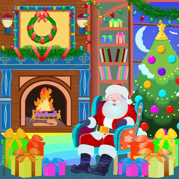 Fototapeta Claus in a winter wonderland.  Santa sitting by a warm fireplace surrounded by holiday decorations, a decorated Christmas tree, and presents ready for delivery