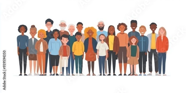 Fototapeta Diverse multiracial and multicultural group of people isolated on white background. Happy old and young men, women and children standing together. Social diversity. Flat cartoon , Generative AI