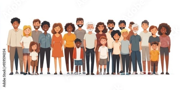 Fototapeta Diverse multiracial and multicultural group of people isolated on white background. Happy old and young men, women and children standing together. Social diversity. Flat cartoon , Generative AI
