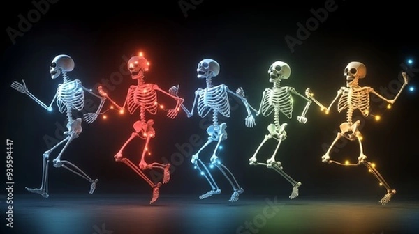 Fototapeta Four skeletons in vibrant colors, representing different elements, dance with joy, symbolizing energy, life, celebration, and togetherness.