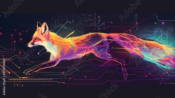 Obraz Cybernetic Fox Running Through a Circuitry Landscape