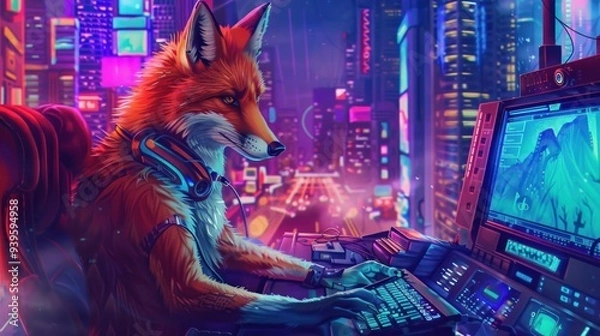 Obraz Cyberpunk Fox Gamer in Neon City
