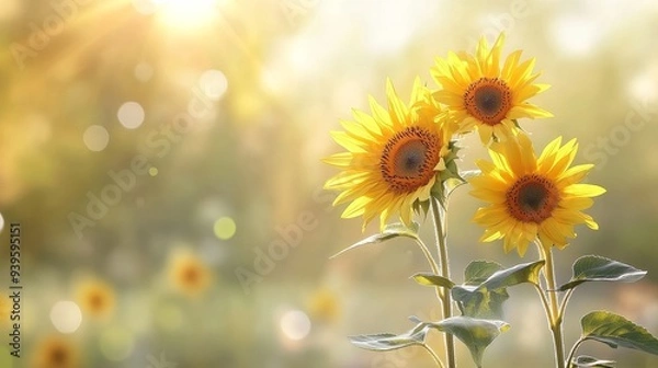 Obraz Three sunflowers in full bloom stand tall in a field, basking in the warm sunlight. The vibrant yellow petals symbolize joy, happiness, and optimism. The sunlit background represents hope, growth, and