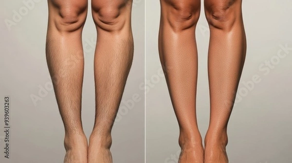 Fototapeta A person's legs before and after treatment, emphasizing the difference in skin tone and texture. The transformation is clear, with smooth and even skin after