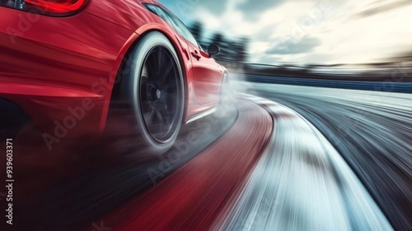 Fototapeta Highspeed car racing on a track, motion blur and tire smoke, 3D illustration