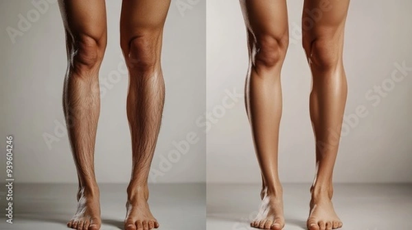 Fototapeta The image shows two pairs of legs side by side, illustrating a noticeable difference in appearance. The left leg appears less toned, while the right reveals a firmer, more defined look