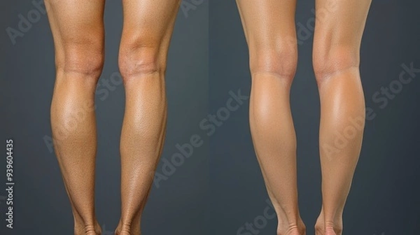 Fototapeta Legs are showcased in a before and after comparison, emphasizing noticeable changes in skin tone and texture. The transformation illustrates progress in skin health