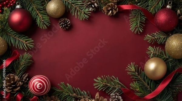 Fototapeta Elegant Christmas Frame with Pine Branches, Red and Gold Ornaments, Ribbons, and Pinecones