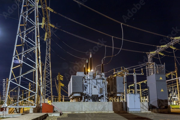 Fototapeta High voltage tower connected by cables to electrical substation at night with beautiful views and bright moon, view of transformer against moon and industrial lighting.