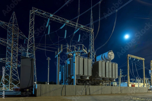 Fototapeta Detail of electrical substation including cables, transformers, insulation and circuit breakers under industrial lighting.