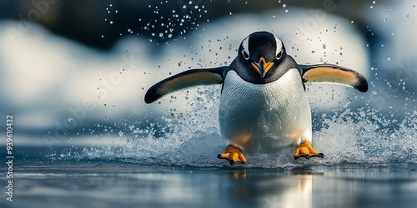 Fototapeta 24. High-definition portrait of a playful penguin sliding on ice