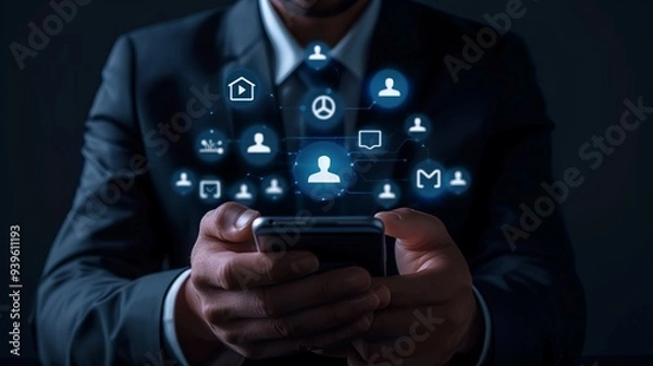 Fototapeta Businessman interacting with a smartphone displaying a contact icon, surrounded by app and social media icons in a detailed 3d render, showcasing modern digital communication and networking technology