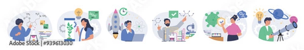 Fototapeta Science lab concept set in flat design for web. Collection with people making chemical research in flask, learning plants or viruses, working at astronomy engineering programs. Vector illustration.