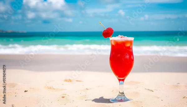 Fototapeta A red frozen cocktail in a glass on a sandy beach with a turquoise ocean and blue sky in the background