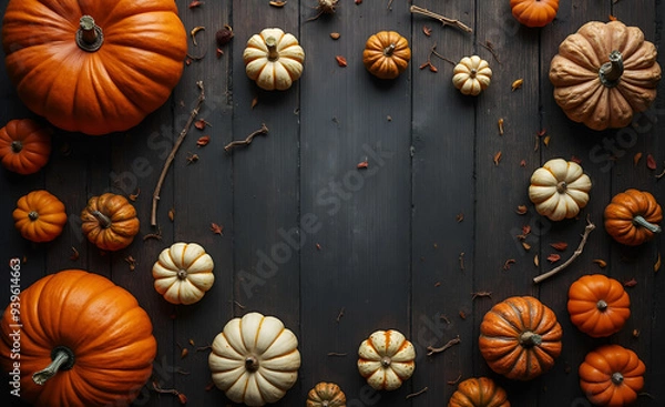 Obraz Halloween pumpkins flat lay with space for text. Orange and white pumpkins of different sizes on a black old wooden floor. Autumn Harvest Festival. Farmers products fair.