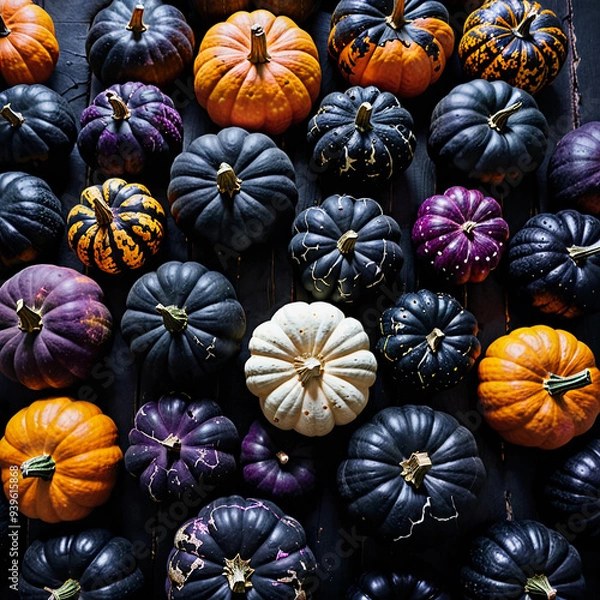 Obraz Halloween pumpkins flat lay.Various colors pumpkins of different sizes. Autumn Harvest Festival. Farmers products fair.
