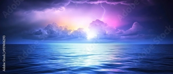 Obraz Dramatic Lightning Strike Over Calm Ocean Waters