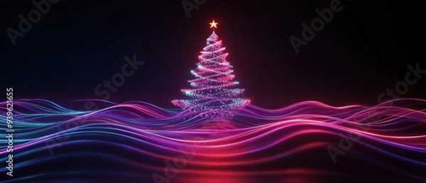 Obraz Neon Christmas Tree with Abstract Light Trails