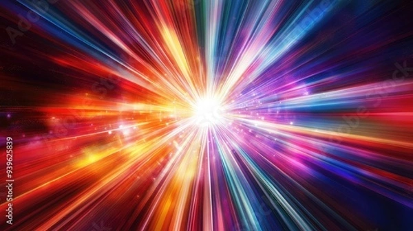 Obraz Abstract radial light with multicolored, glowing rays radiating from the center, creating a vibrant and dynamic effect.
