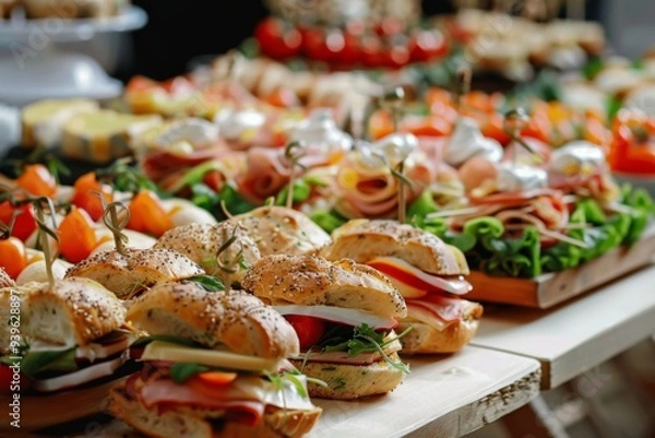 Obraz Elegant catering buffet table with delicious sandwiches canapes and appetizers for celebration event