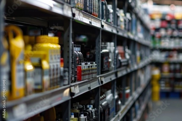 Fototapeta Close up of shelves in an auto parts store displaying a variety of items under natural light