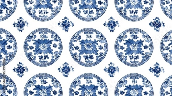 Obraz Blue and White Porcelain Pattern: A delicate and timeless design featuring a repeating pattern of blue and white porcelain plates with intricate floral motifs. This seamless pattern is perfect for a v