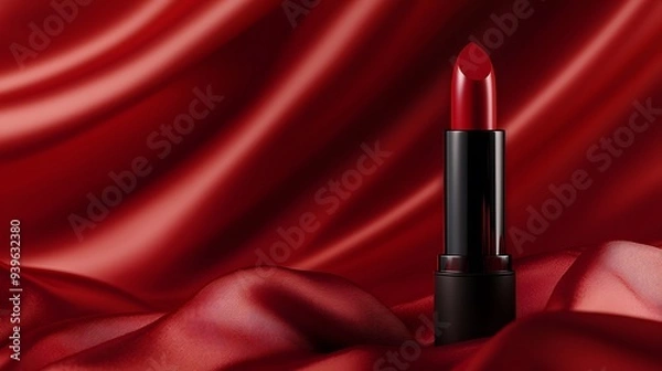 Obraz Crimson Desire: A single, bold red lipstick stands tall against a backdrop of luxurious, crimson satin.  The image evokes sensuality, confidence, and a touch of danger, perfect for beauty and fashion 