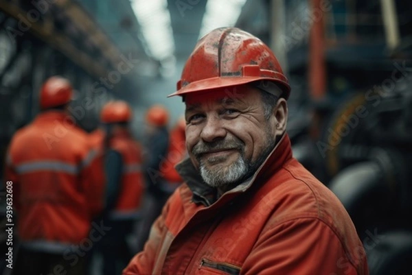 Fototapeta Portrait of a smiling factory worker in a group of coworkers