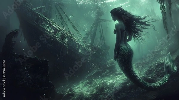 Obraz Mermaid's Lament: A solitary mermaid, her long hair flowing like seaweed, gazes wistfully at a sunken galleon, a haunting reminder of a lost world. The ethereal light filtering through the depths adds