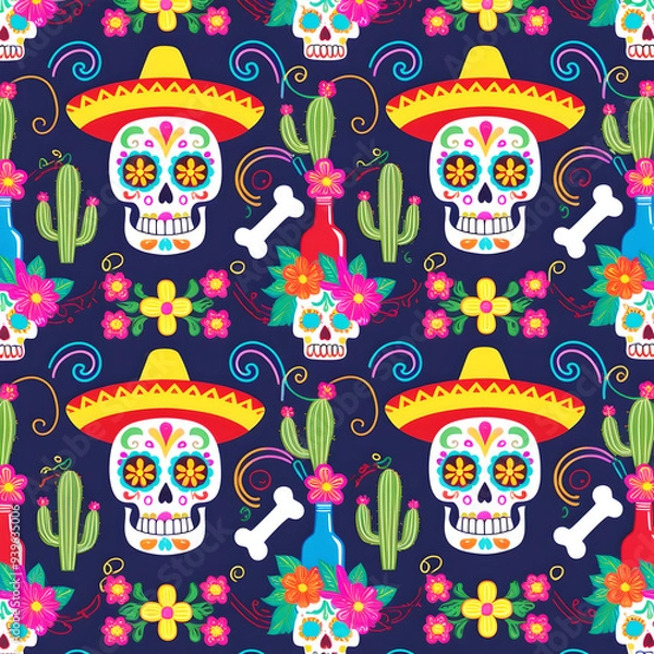 Fototapeta Sugar skulls Day of the Dead Seamless Pattern background illustration