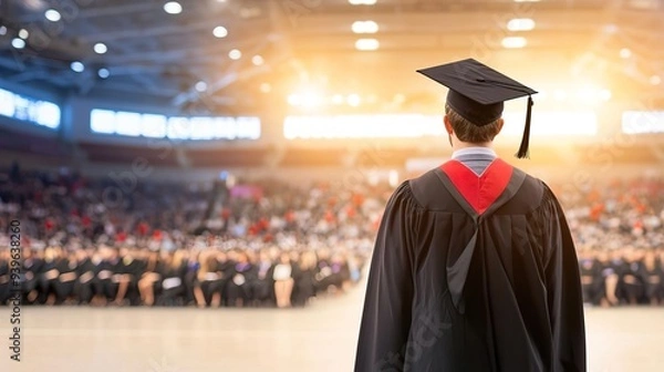 Fototapeta Graduate in cap and gown standing on stage at a commencement ceremony.