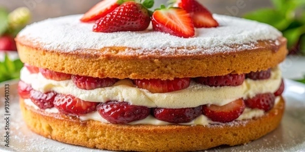Fototapeta Strawberry Shortcake with Cream and Powdered Sugar, Dessert, Bakery, Strawberries, Cake